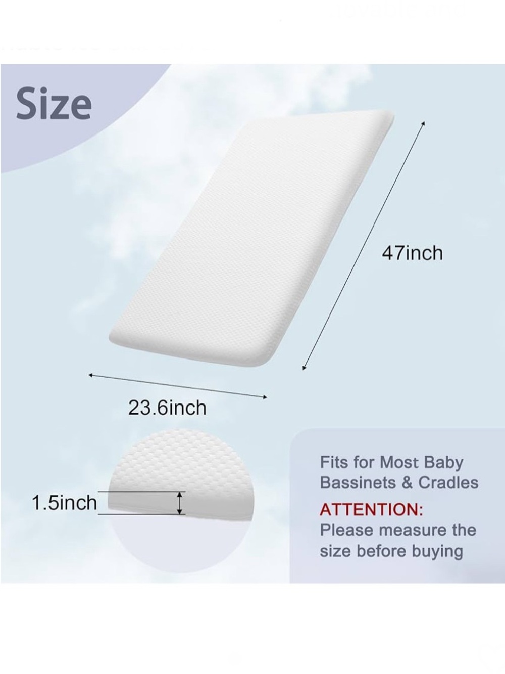 Baby Bassinet Mattress, 47 x 23.6 Inch, Gel Memory Foam, Rectangle - Picture 4 of 7